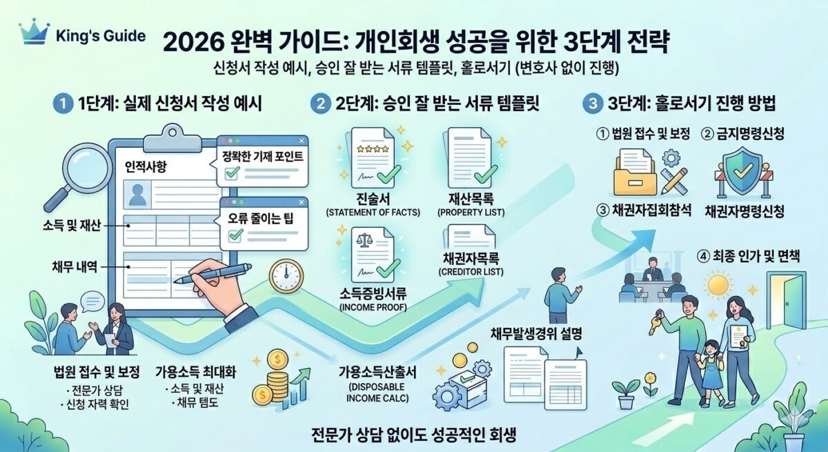 개인회생 실제 신청서 작성 예시 + 승인 잘 받는 서류 템플릿 + 변호사 없이 진행하는 방법 (2026 완벽 가이드)