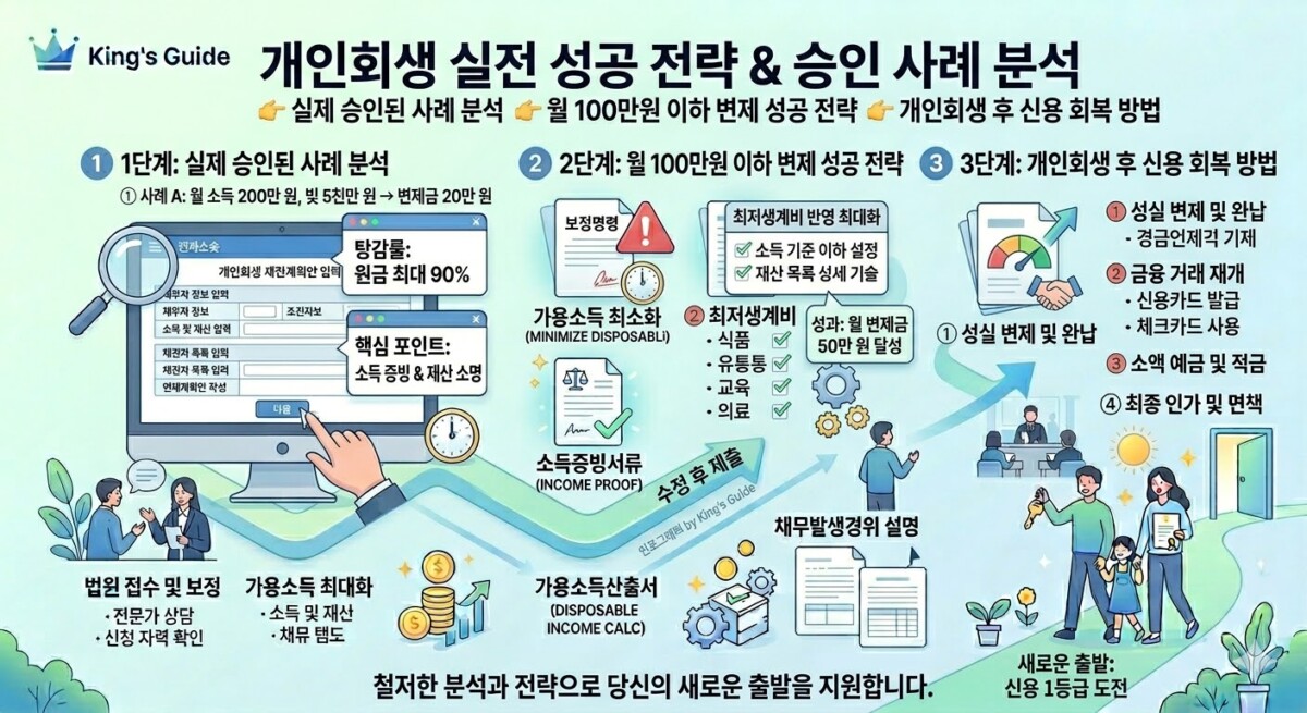 👉 “실제 승인된 사례 분석” 👉 “월 100만원 이하 변제 성공 전략” 👉 “개인회생 후 신용 회복 방법”